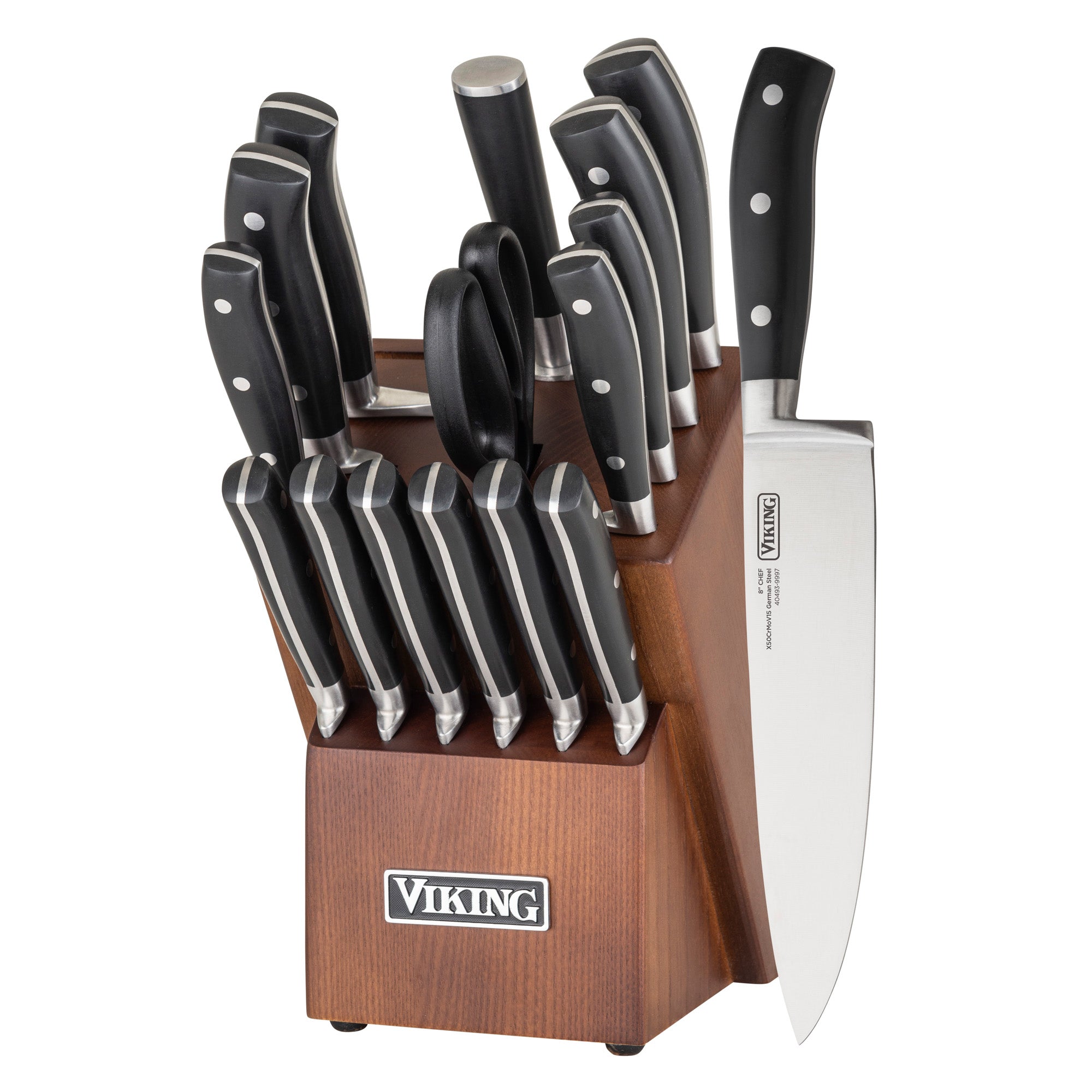 The Viking 17-Piece Cutlery Set by Viking Culinary Products features black-handled knives made of X50CrMoV15 stainless steel, kitchen shears, a sharpening rod, and a large front knife in a light walnut block.
