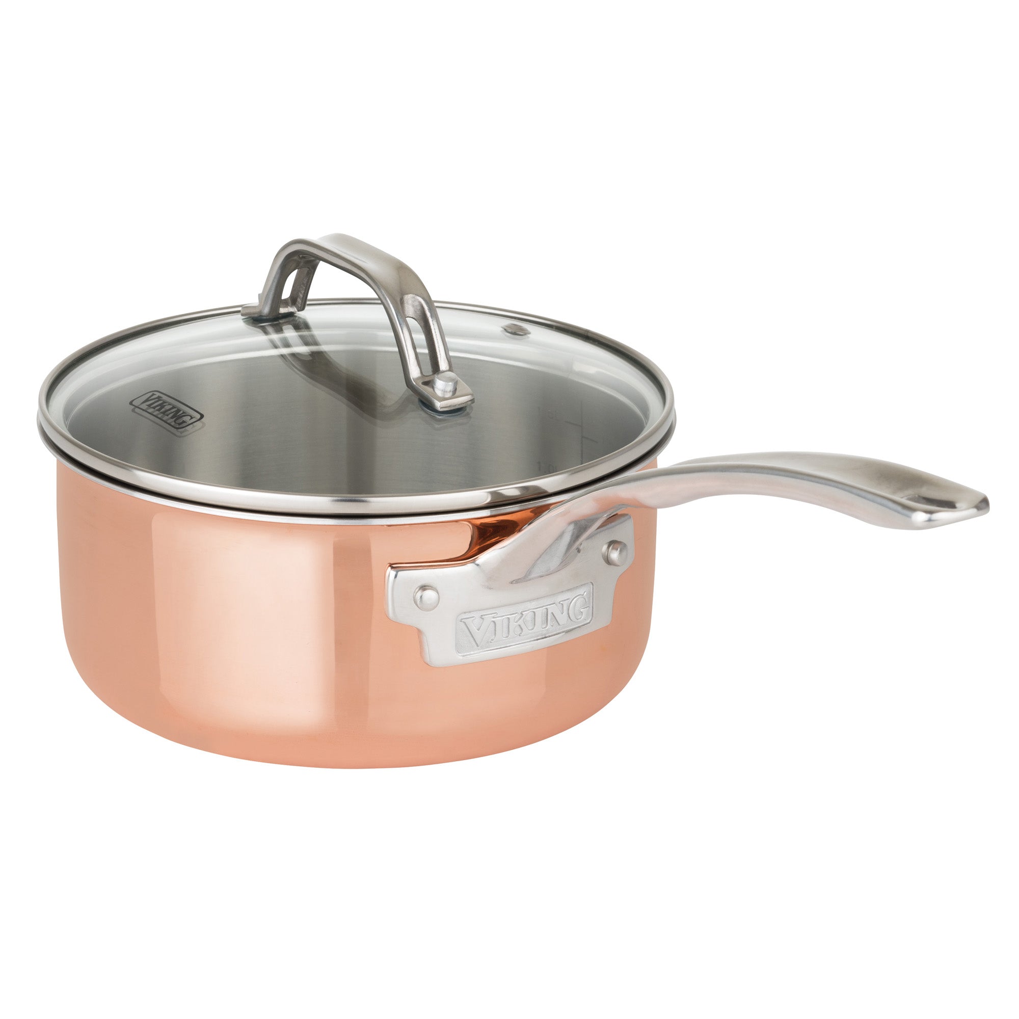 The Viking Culinary Products 3-Ply Copper Clad 13-Piece Cookware Set features glass lids and stainless steel handles, offering high thermal conductivity and superior cooking performance with the Viking logo embossed on a metal plate.
