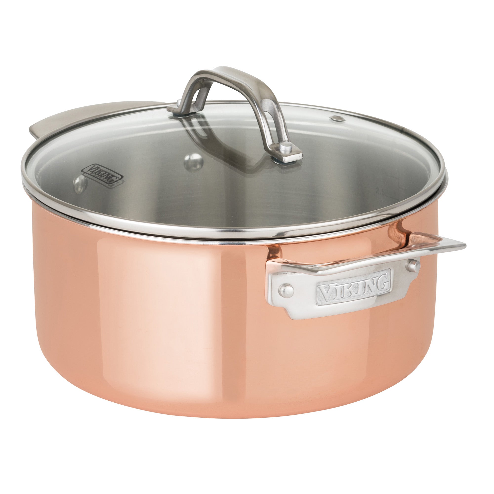 The Viking 3-Ply Copper Clad 13-Piece Cookware Set with Glass Lids by Viking Culinary Products features sturdy handles engraved with the brand name and high thermal conductivity, shown against a white background.