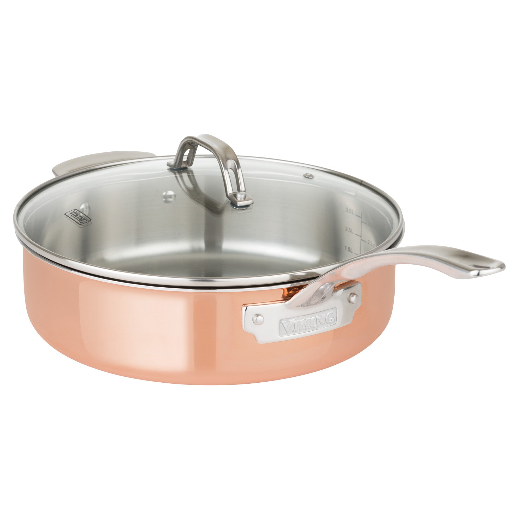 The Viking Culinary Products 3-Ply Copper Clad 13-Piece Cookware Set features copper and stainless steel construction, glass lids, silver handles, and a metal plate on the side engraved with the Viking name.