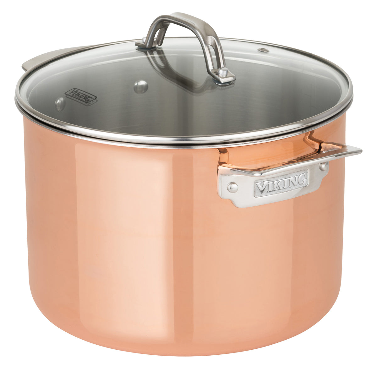 The Viking Culinary 3-Ply Copper Clad 13-Piece Cookware Set features glass lids, copper exteriors, metal handles with the Viking name engraved, and tri-ply construction for superior thermal conductivity.