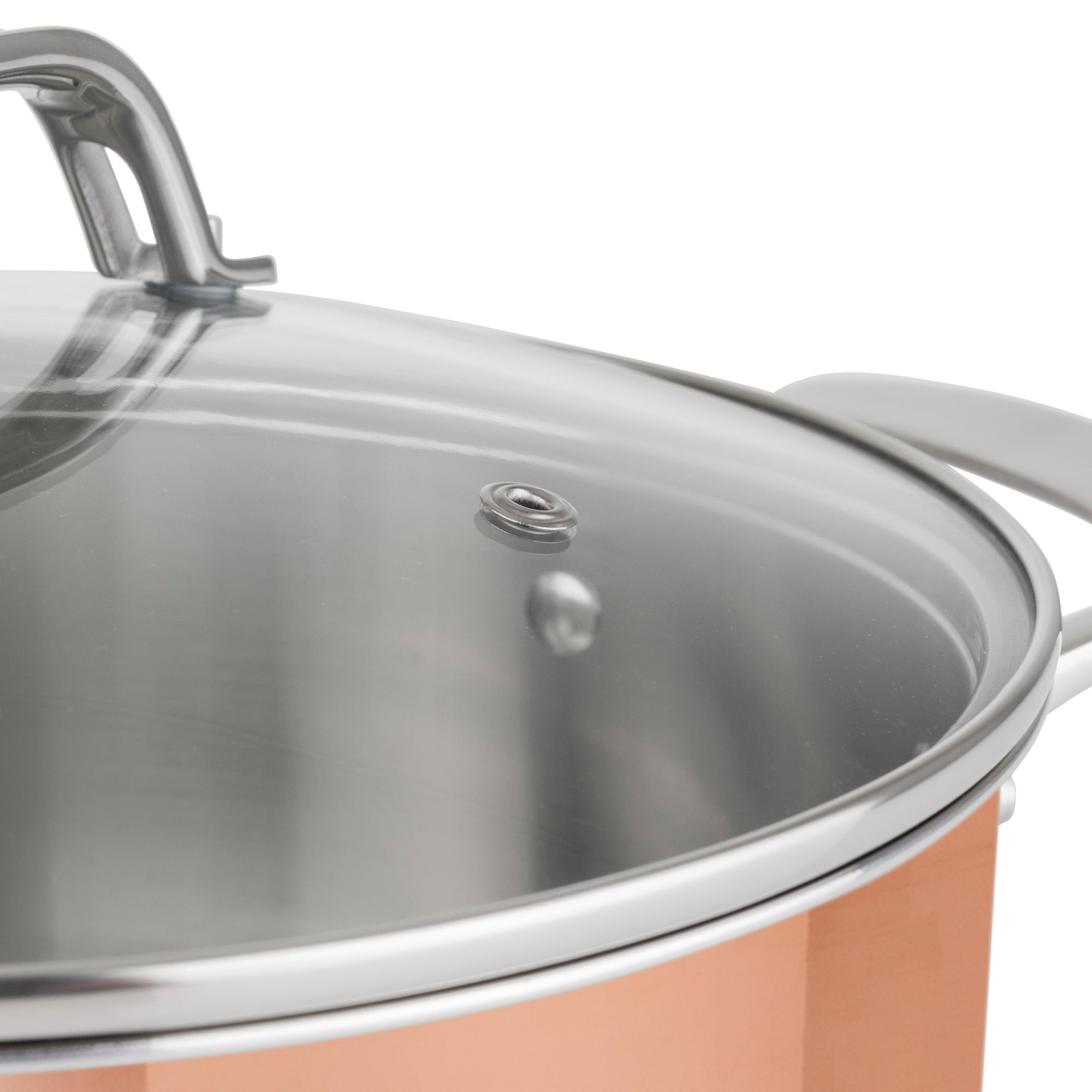 Close-up of the Viking 3-Ply Copper Clad 13-Piece Cookware Set by Viking Culinary Products. This copper-colored pot features stainless steel handles, tri-ply construction for even heating, and a glass lid with a metal rim and steam vent.