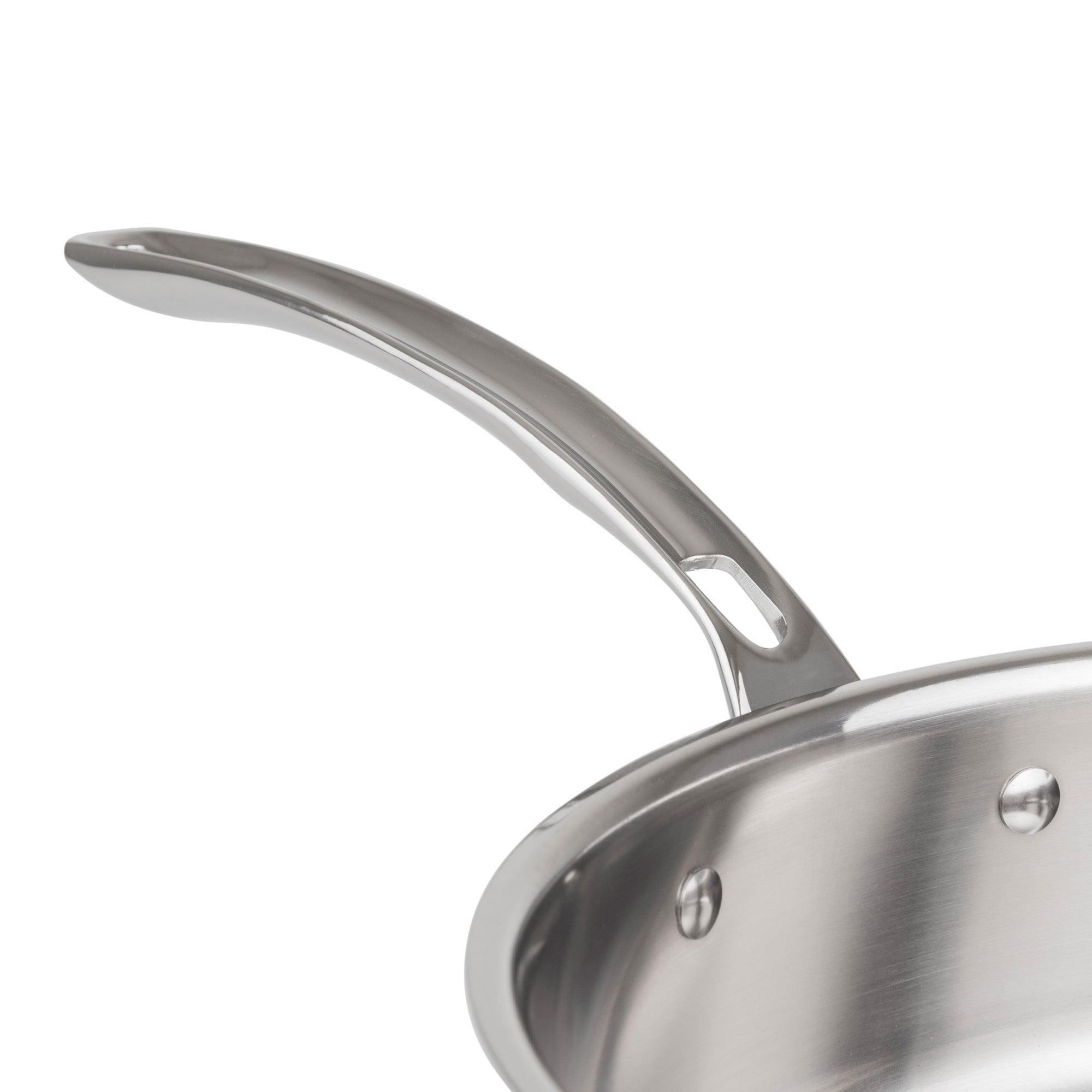 Close-up of a Viking 3-Ply Copper Clad frying pan from the Viking Culinary Products set, showing its shiny riveted handle with a hanging hole and part of the pan’s edge, all against a white background.