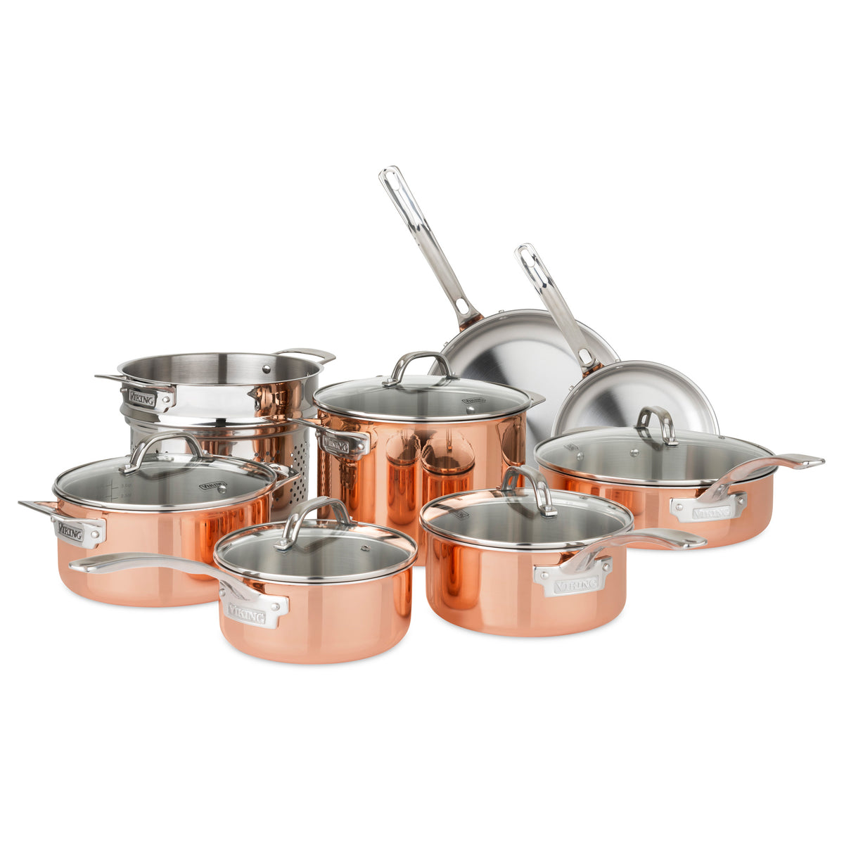 The Viking Culinary Products 3-Ply Copper Clad 13-Piece Cookware Set with Glass Lids includes pots, pans, lids, and a steamer insert in copper and stainless steel, all arranged together on a white background.