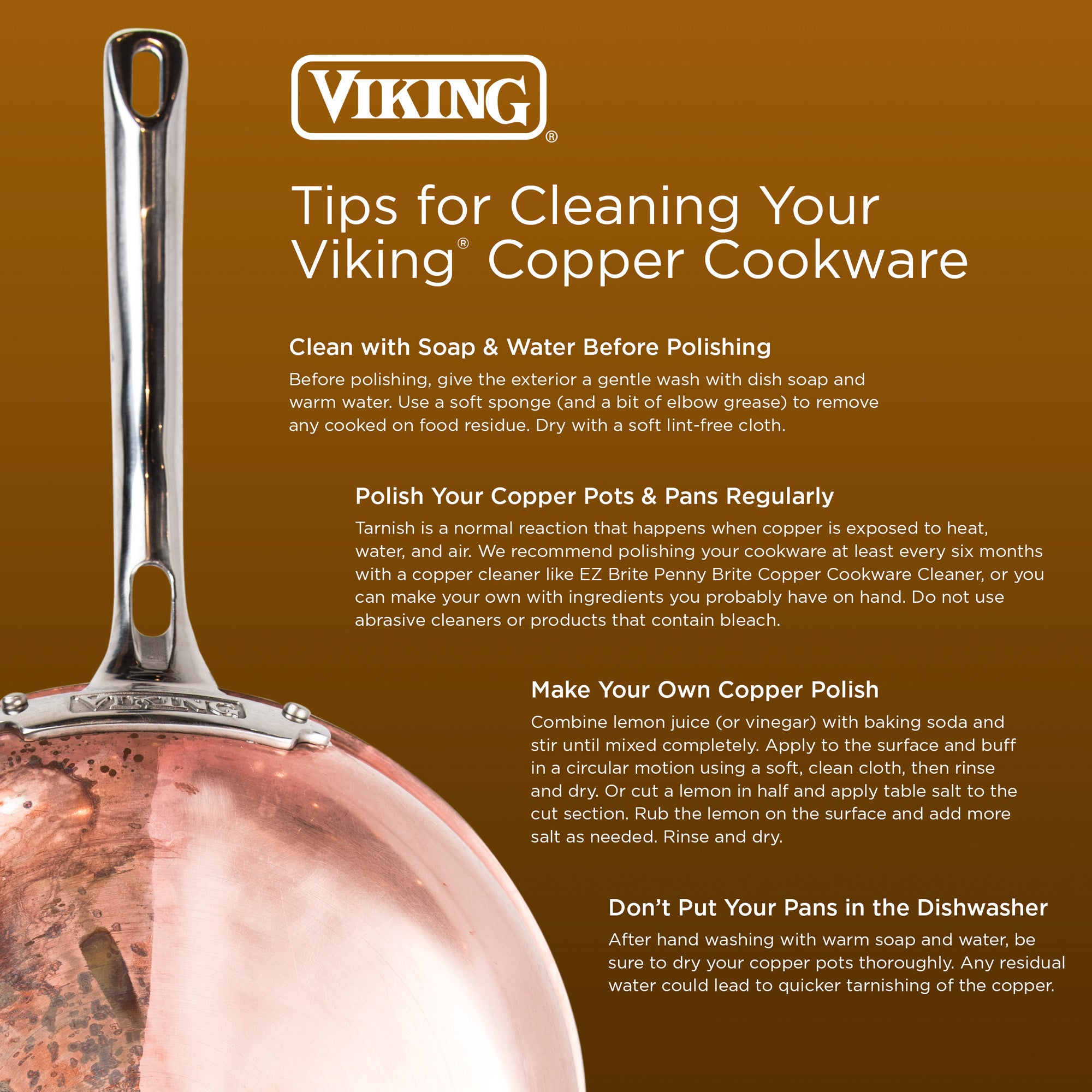 The Viking 3-Ply Copper Clad 13-Piece Cookware Set by Viking Culinary Products is shown against a dark backdrop, with tips for washing, polishing, and avoiding dishwashers to keep your copper cookware performing at its best.
