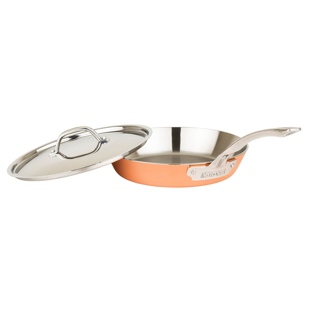 The Viking Contemporary 4-Ply Copper Clad sauté pan, part of the 9-piece cookware set by Viking Culinary Products, features a long handle and matching metal lid, both induction compatible, displayed on a white background.