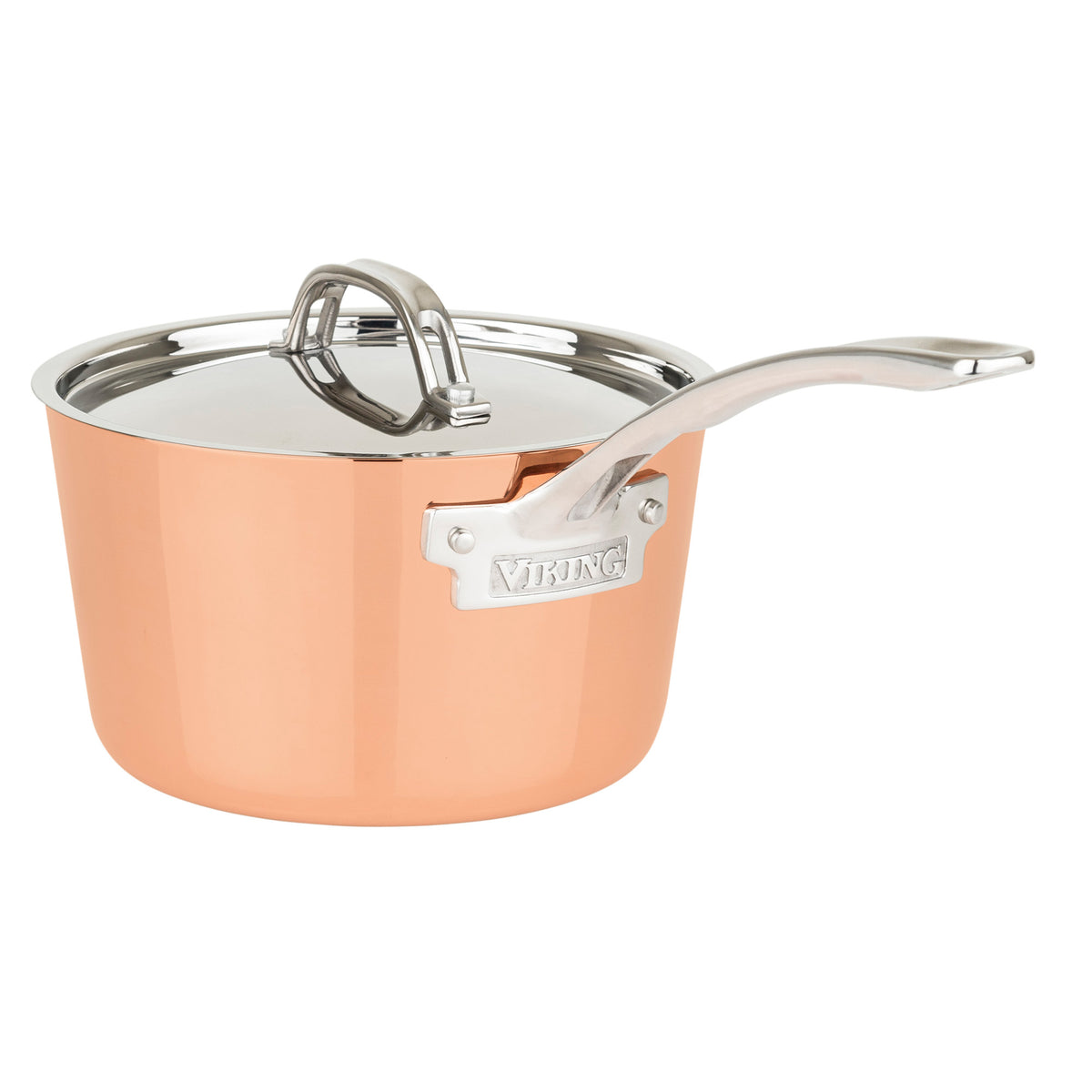 The Viking Contemporary 4-Ply Copper Clad 9-Piece Cookware Set features copper exteriors, long stainless steel handles, metal lids, and induction compatibility. The Viking Culinary Products brand is displayed on a side metal plate.