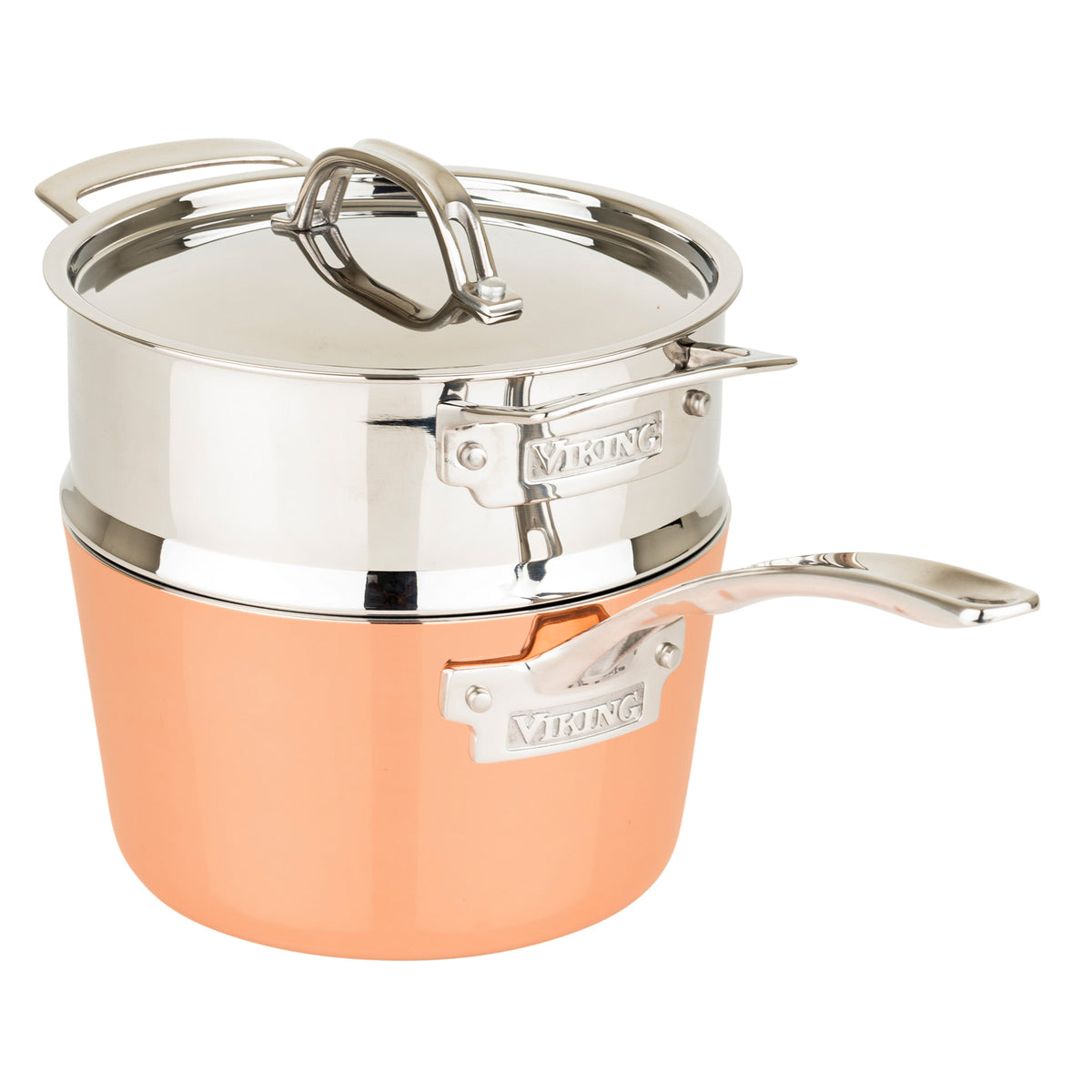 The Viking Culinary Products Contemporary 4-Ply Copper Clad 9-Piece Cookware Set with metal lids offers elegant, induction-capable copper cookware for your kitchen handles branded with the Viking name.