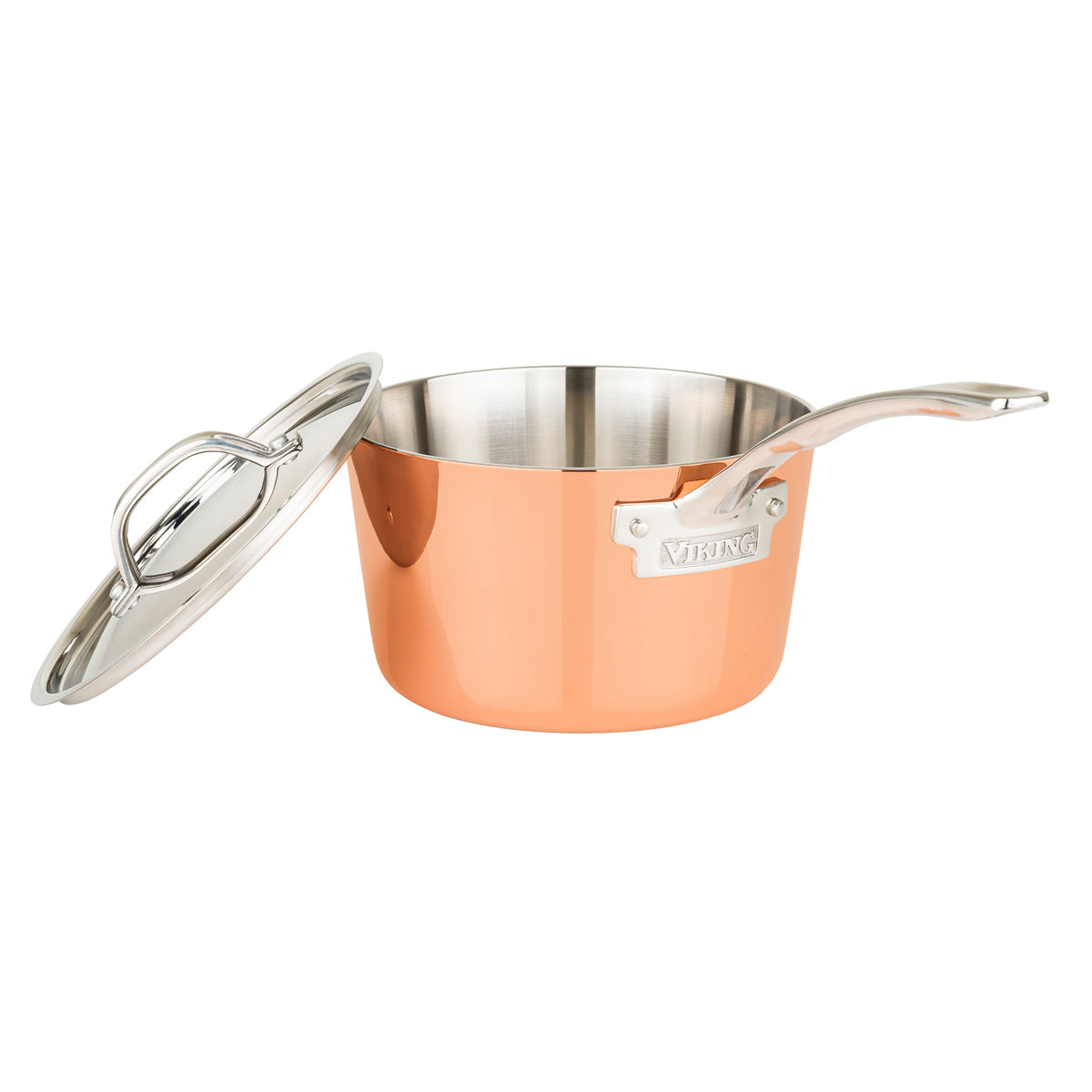 The Viking Contemporary 4-Ply Copper Clad 9-Piece Cookware Set by Viking Culinary Products features shiny copper pans with stainless steel interiors, metal lids, and handles with the Viking name visible, all induction capable.