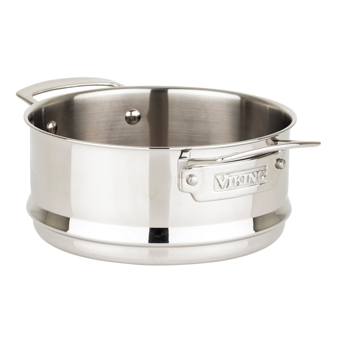 The Viking Contemporary 4-Ply Copper Clad Cookware from Viking Culinary Products features a clean, shiny pot with two handles (one large, one small), an engraved side plate, a smooth finish, and is induction compatible.