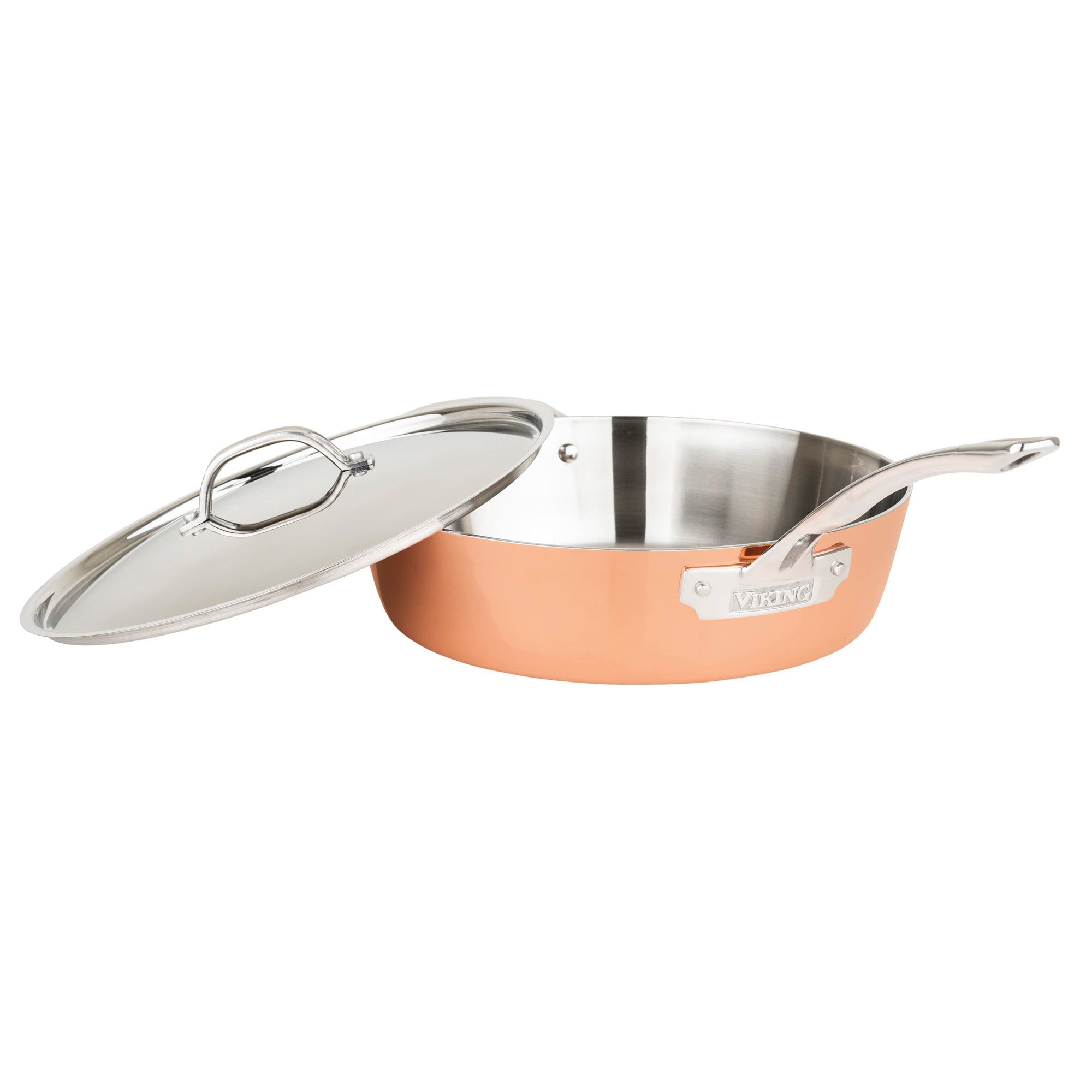 The Viking Culinary Products Contemporary 4-Ply Copper Clad 9-Piece Cookware Set includes an induction-ready sauté pan with a stainless steel lid, long handle, and branded label, all crafted from their premium stainless steel line.