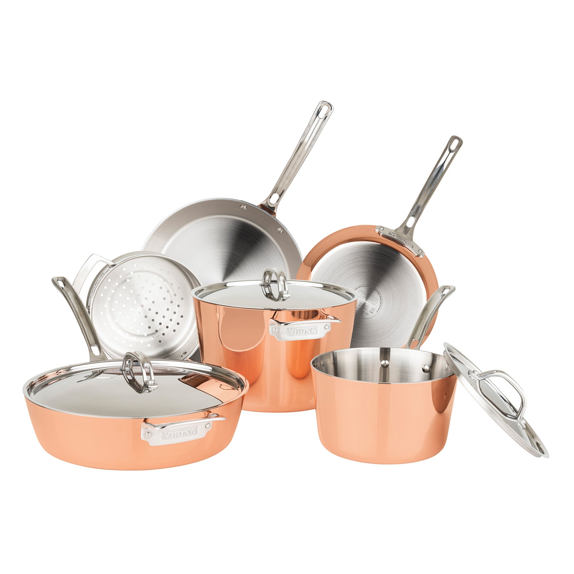 The Viking Contemporary 4-Ply Copper Clad 9-Piece Cookware Set by Viking Culinary Products includes two saucepans with lids, two frying pans, a sauté pan with lid, and a steamer insert—all induction compatible with stainless interiors and handles.