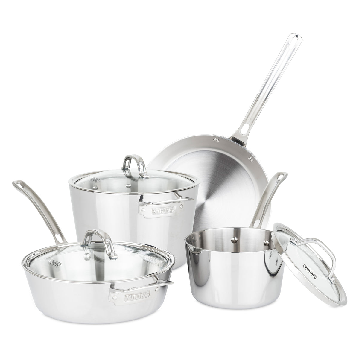 The Viking Culinary Products Contemporary 3-Ply Stainless Steel 7-Piece Cookware Set features a frying pan, sauté pan, saucepan, and stockpot with glass lids and metal handles. Induction compatible and displayed on a white background.