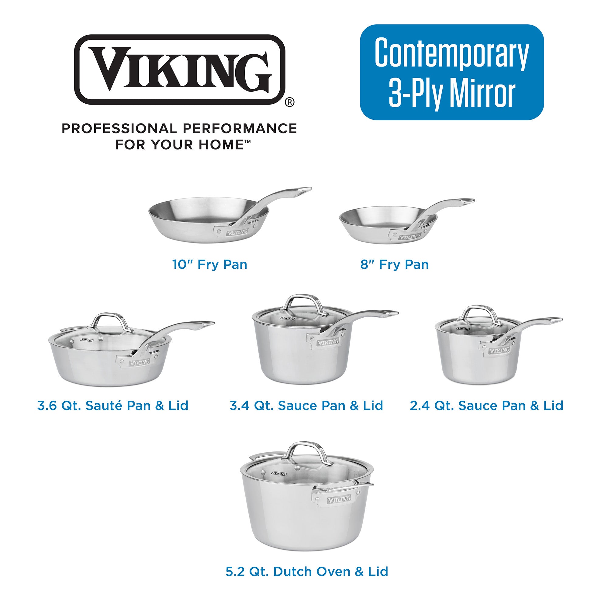 The Viking Contemporary 3-Ply Stainless Steel 10-Piece Cookware Set with Glass Lids by Viking Culinary Products features fry pans, sauce pans, a sauté pan, and a Dutch oven—all with lids. Enjoy premium cooking performance and a limited lifetime warranty.