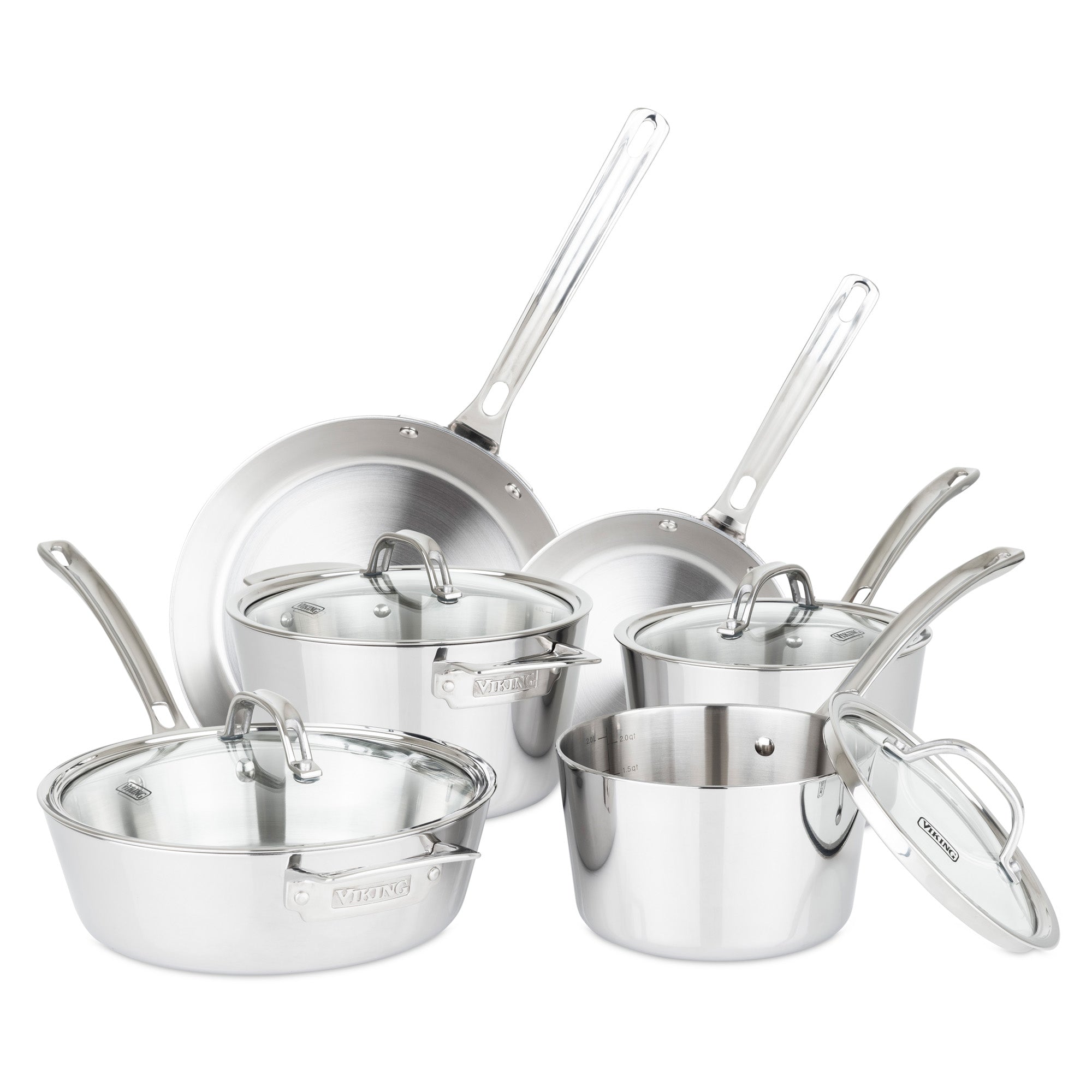 The Viking Contemporary 3-Ply Stainless Steel 10-Piece Cookware Set by Viking Culinary Products includes saucepans, sauté pan, fry pan, stockpot with glass lids, all on a white background. Enjoy a limited lifetime warranty for peace of mind.