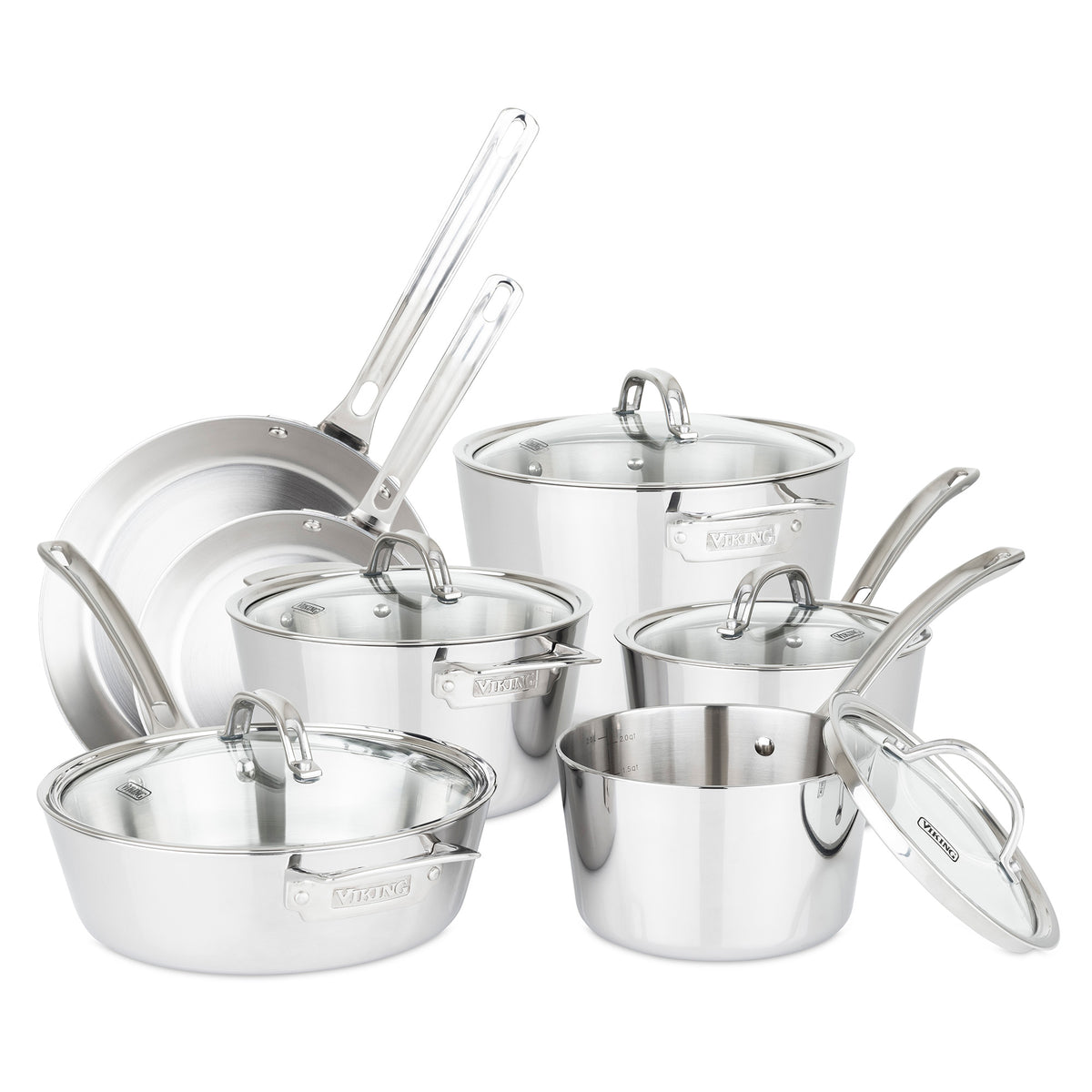 The Viking Culinary Products Contemporary 3-Ply Stainless Steel 12-Piece Cookware Set features induction-compatible pots and pans with glass lids, sturdy handles, a polished finish, and is oven safe—perfect for versatile cooking.