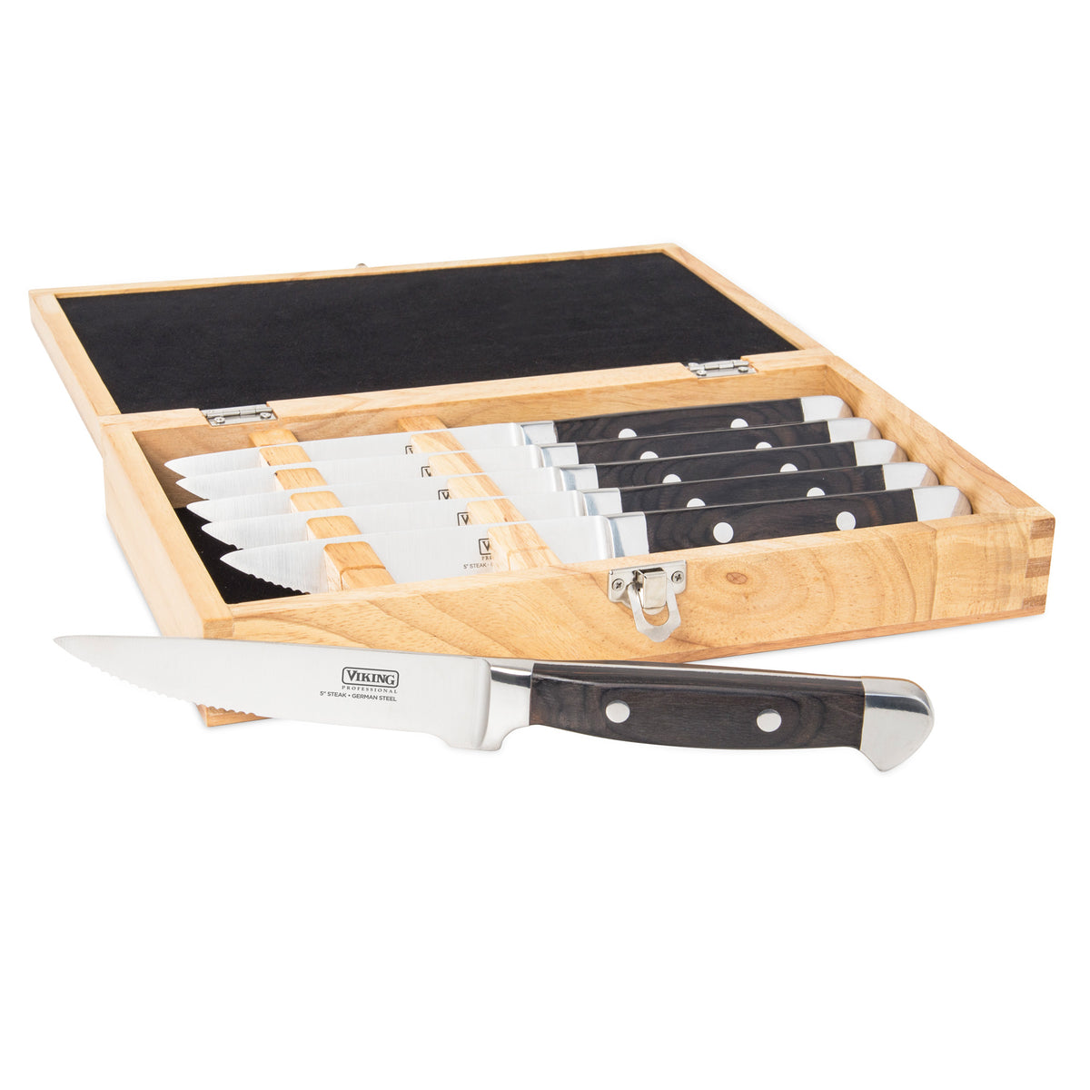 A Viking Culinary Products Steakhouse Pakka Wood 6-Piece Steak Knife Set with black handles and silver blades is displayed in an open gift box. One knife, placed in front, shows the Viking logo on its blade.