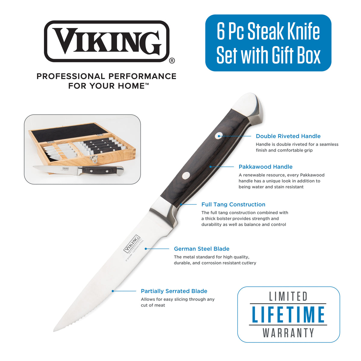 Image of the Viking Culinary Products Steakhouse Pakka Wood 6-Piece Steak Knife Set (Black) with gift box, featuring double riveted pakkawood handles, full tang German stainless steel blades, partially serrated edge, and lifetime warranty.