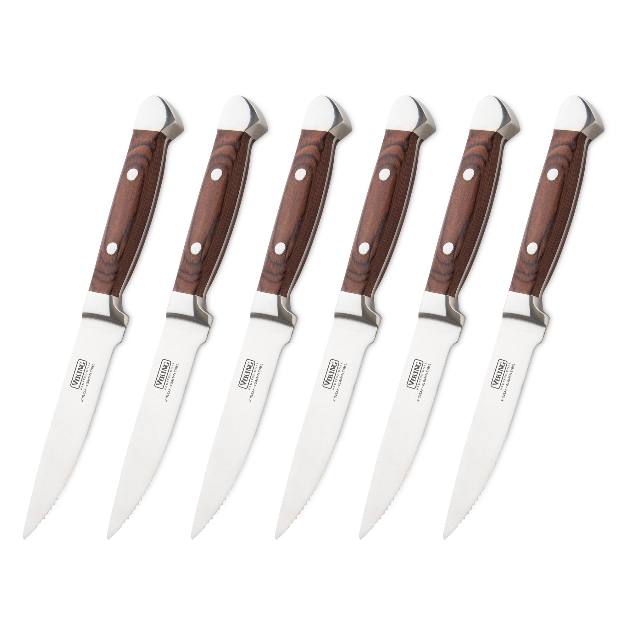 The Viking Culinary Products Steakhouse Pakka Wood 6-Piece Steak Knife Set (Red) features serrated, corrosion-resistant stainless steel blades and elegant pakkawood handles, displayed in a row on a white background.