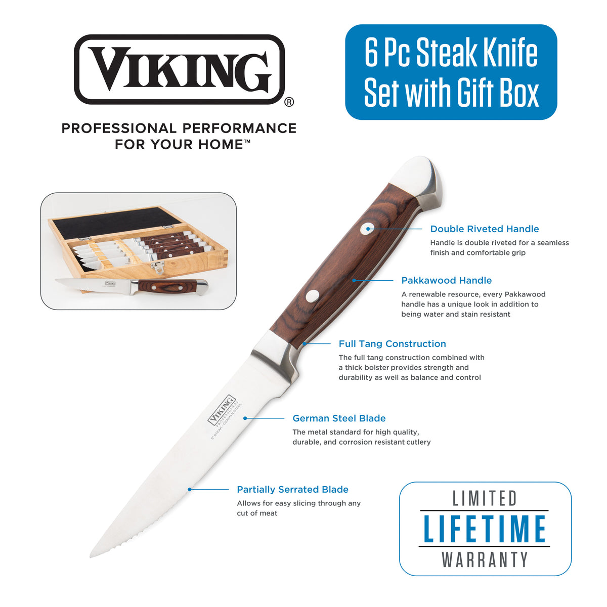 A promo image for Viking Culinary Products’ Viking Steakhouse Pakka Wood 6-Piece Steak Knife Set with Gift Box (Red), showing a corrosion-resistant blade, elegante red pakkawood handles, a gift box, and notes on durability and lifetime warranty.
