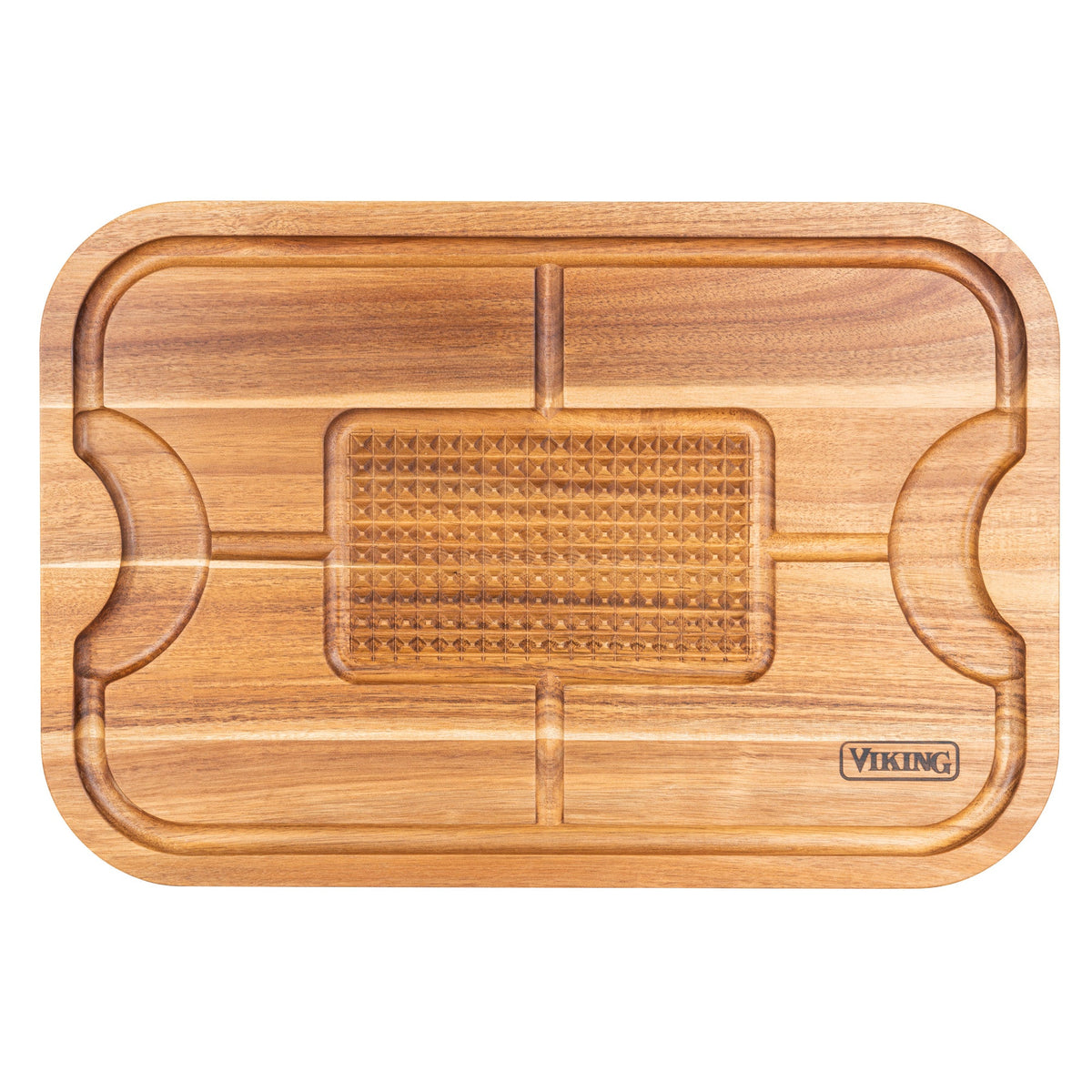 The Viking Acacia Wood Cutting Board with 3-Piece Stainless Steel Carving Set by Viking Culinary Products features rounded edges, deep juice grooves, semi-circular indentations, a textured center, and the iconic Viking logo in the corner.