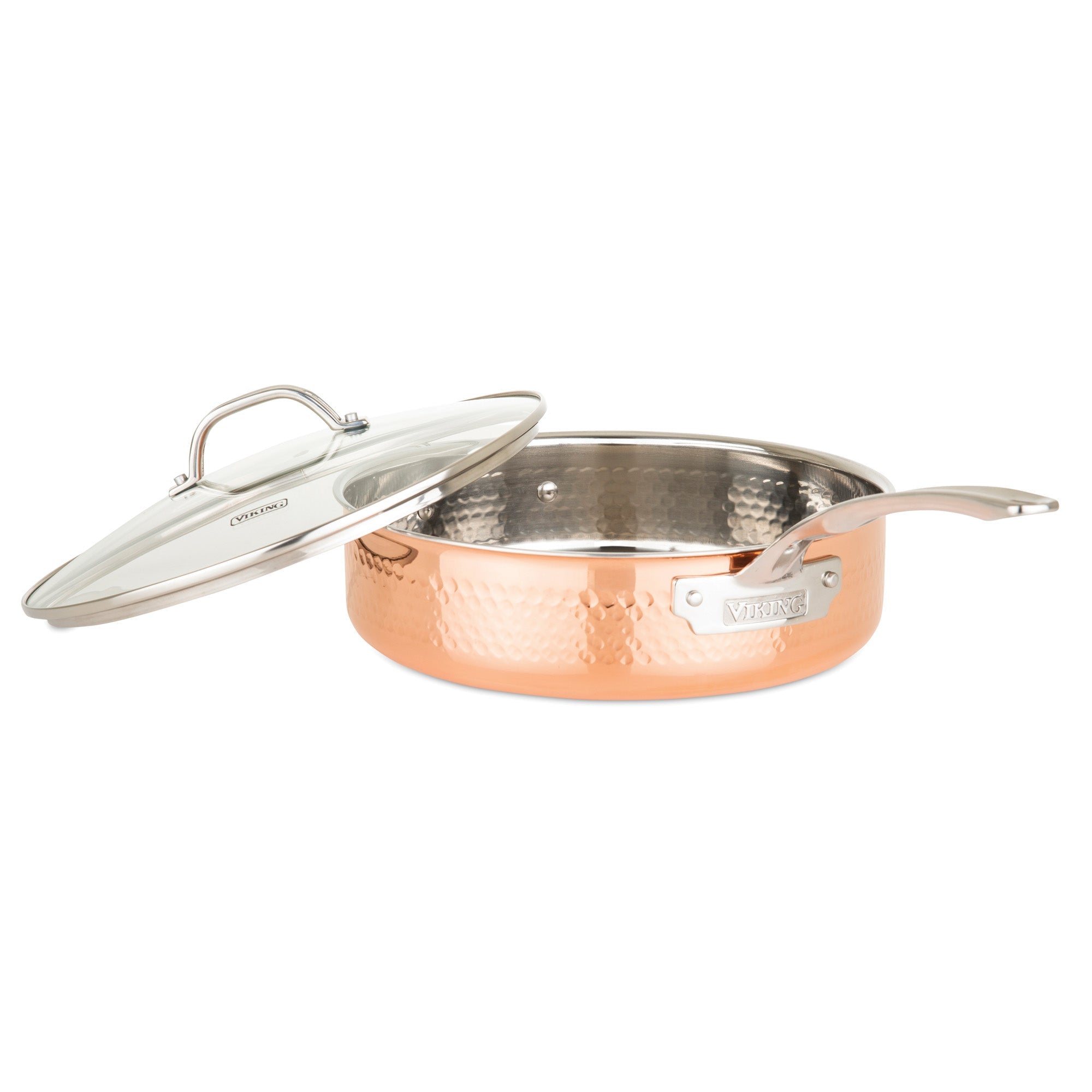 The Viking Culinary Products 3-Ply Hammered Copper Clad 10-Piece Cookware Set features a dimpled copper exterior, stainless steel interior, glass lids, and Viking-branded hardware, shown on a white background.