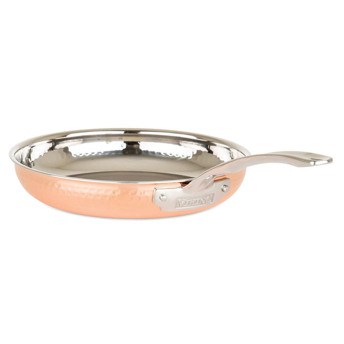 The Viking Culinary Products 3-Ply Hammered Copper Clad 10-Piece Cookware Set with Glass Lids is shown, featuring a frying pan with stainless steel interior and long silver handle, displayed at an angle on a white background.